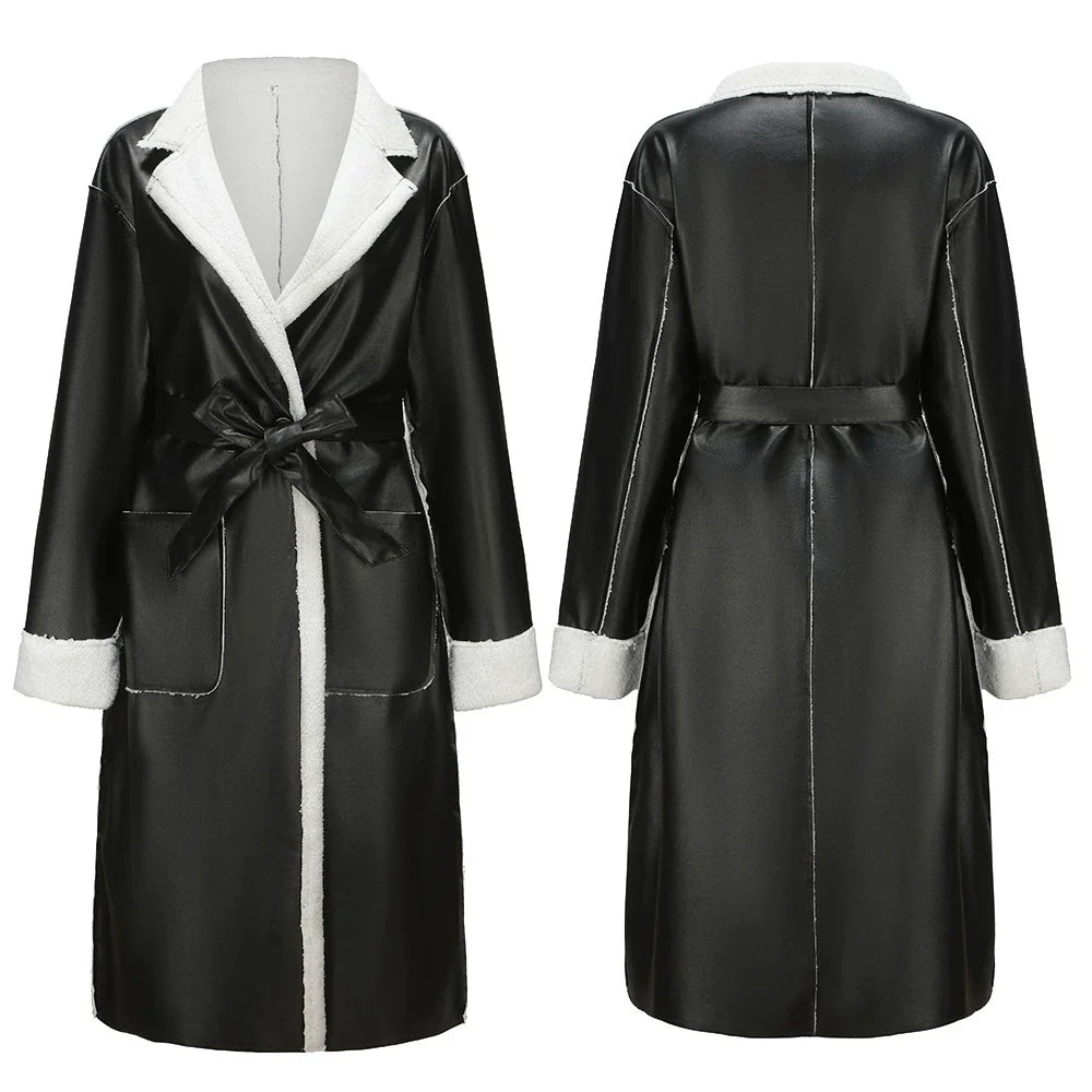 Women’s Long Coat – Oversized Fit – Wrap Style with Plush Trim and Tie Belt