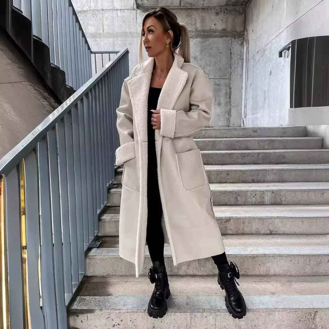 Women’s Long Coat – Oversized Fit – Wrap Style with Plush Trim and Tie Belt