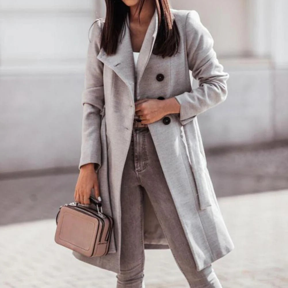 Women’s Long Coat – Wool Blend – Double-Breasted – Structured Fit – Formal Wear