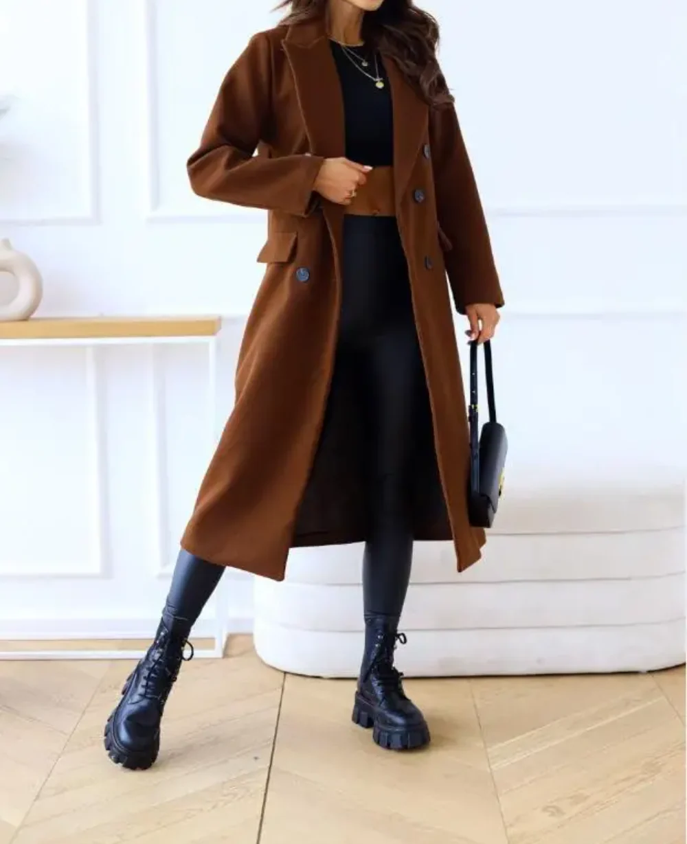 Women’s Long Coat – Wool Blend – Tailored Fit – Double-Breasted – Formal Style