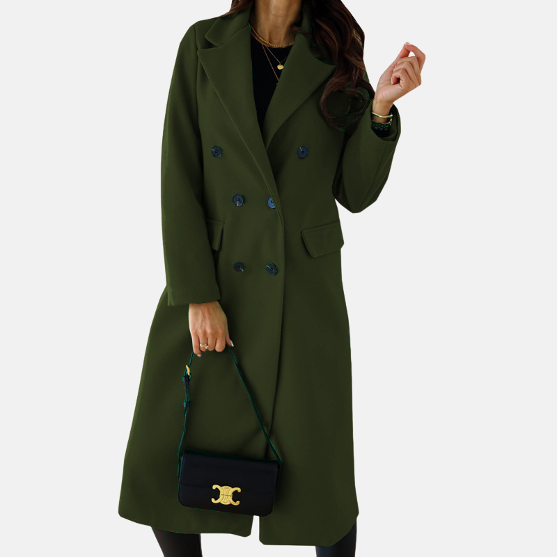 Women’s Long Coat – Wool Blend – Tailored Fit – Double-Breasted – Formal Style