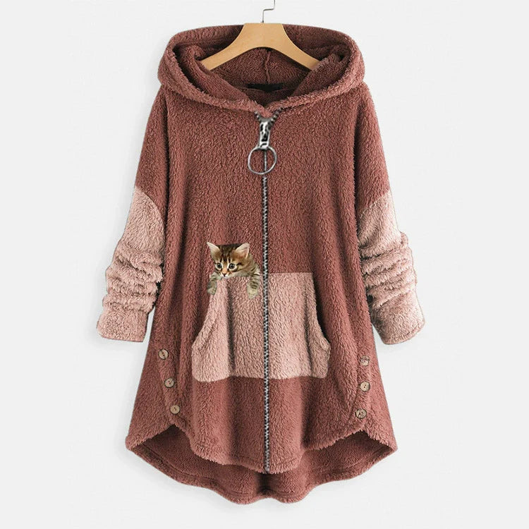 Women’s Long Hooded Jacket – Oversized Fit – Plush Texture – Kangaroo Pocket – High-Low Hem