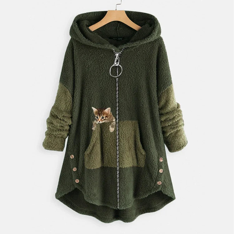 Women’s Long Hooded Jacket – Oversized Fit – Plush Texture – Kangaroo Pocket – High-Low Hem