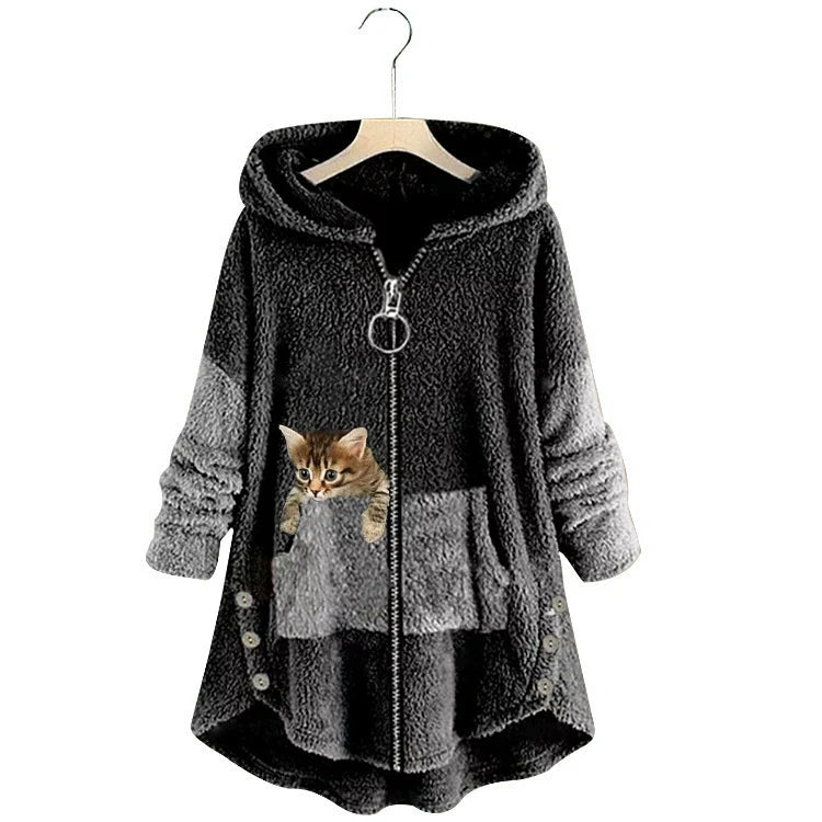 Women’s Long Hooded Jacket – Oversized Fit – Plush Texture – Kangaroo Pocket – High-Low Hem