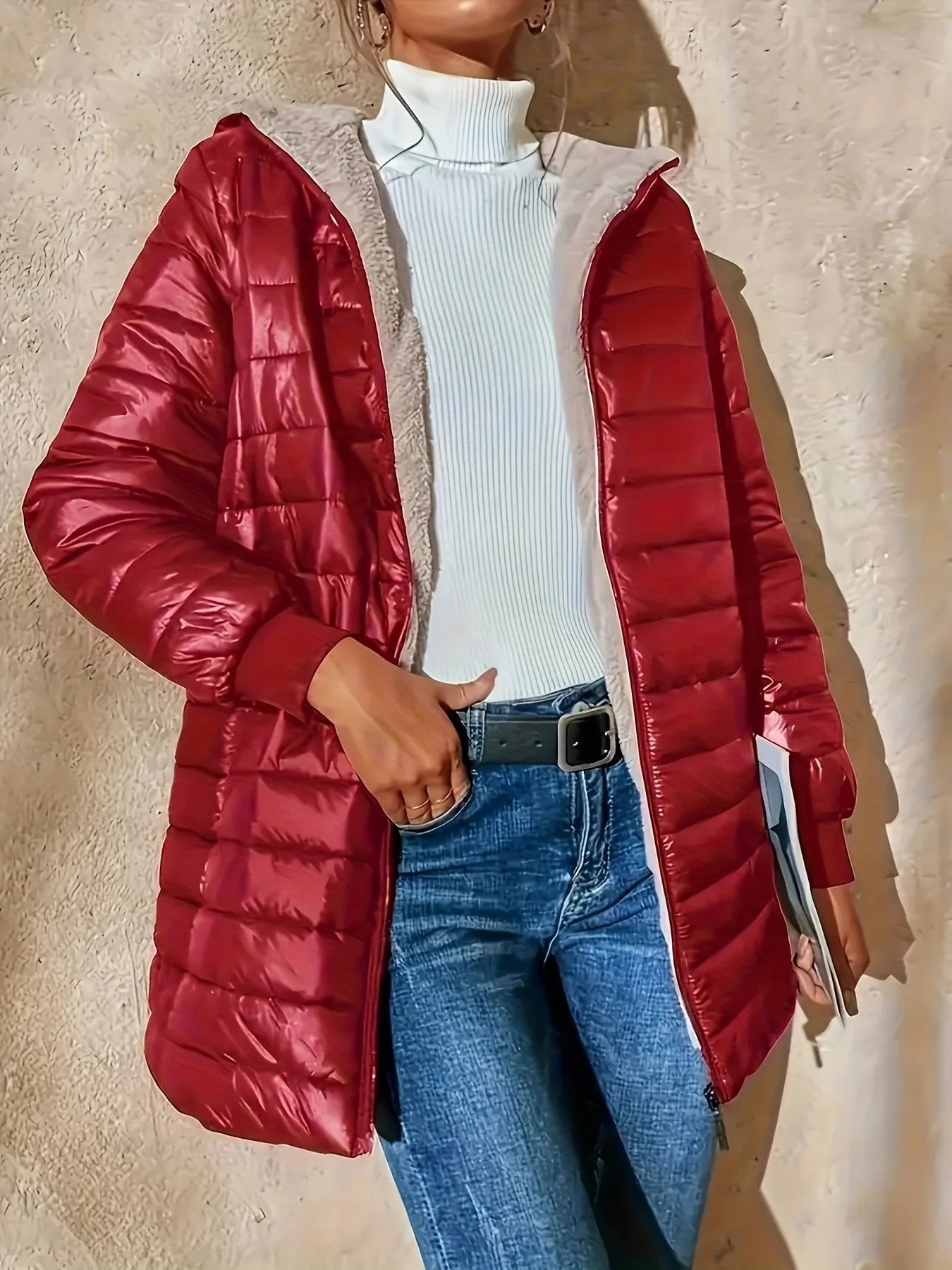 Women’s Long Padded Coat – Relaxed Fit – Fleece Lined – Ribbed Cuffs – Zip Fastening