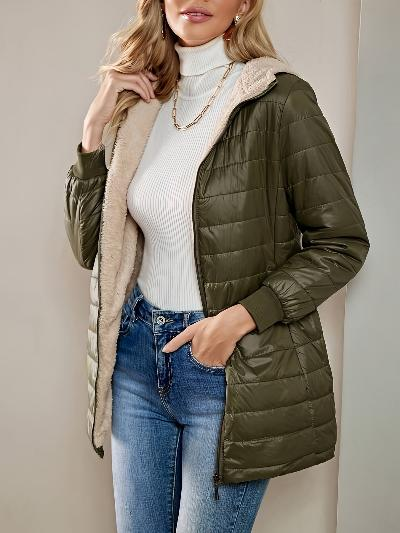Women’s Long Padded Coat – Relaxed Fit – Fleece Lined – Ribbed Cuffs – Zip Fastening