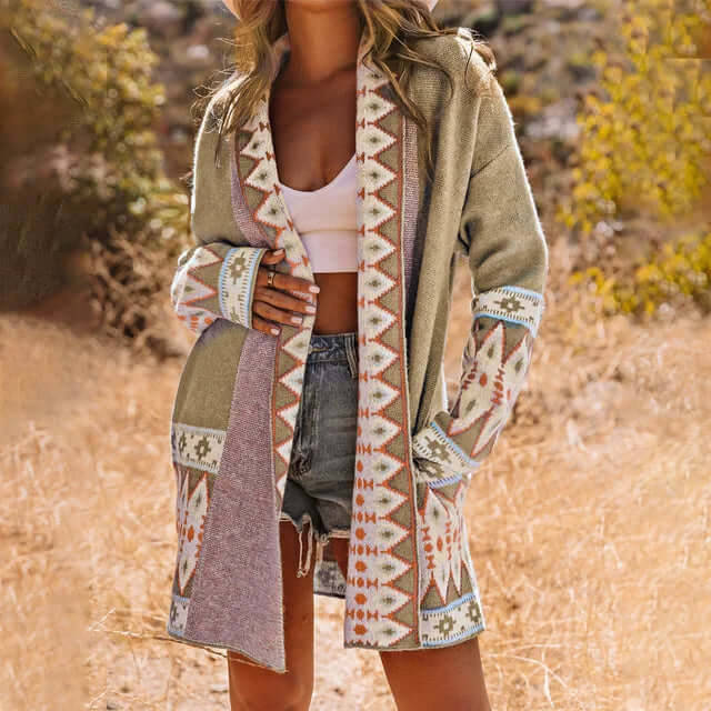 Women’s Long Vest – Relaxed Fit – Knitted – Open Front – Geometric Pattern – Piped Pockets