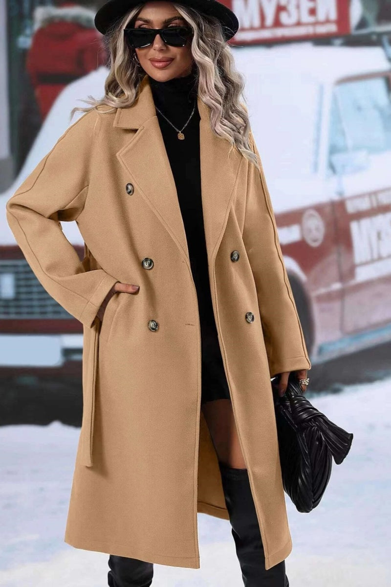 Women’s Long Wool Blend Coat - Double-Breasted - Notched Lapel - Relaxed Fit - Belted