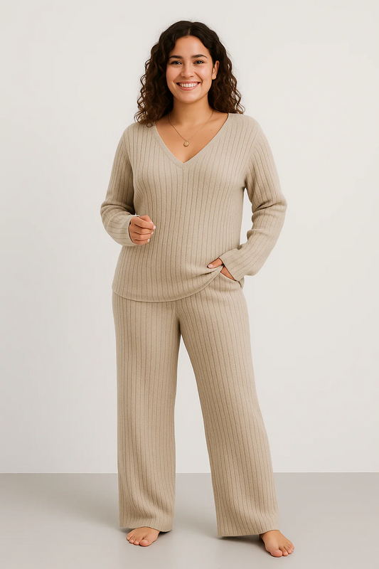 Women’s Lounge Set – Ribbed Knit – Relaxed Fit – V-Neck Top – Wide Leg Trousers