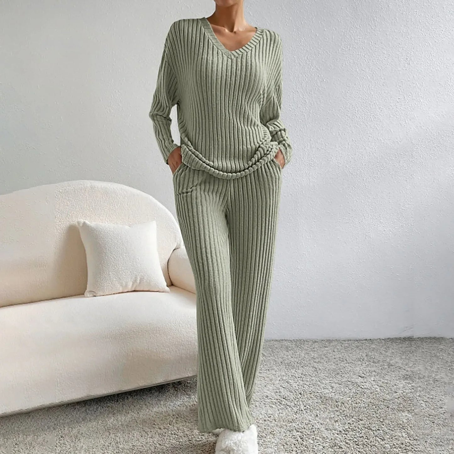 Women’s Lounge Set – Ribbed Knit – Relaxed Fit – V-Neck Top – Wide Leg Trousers