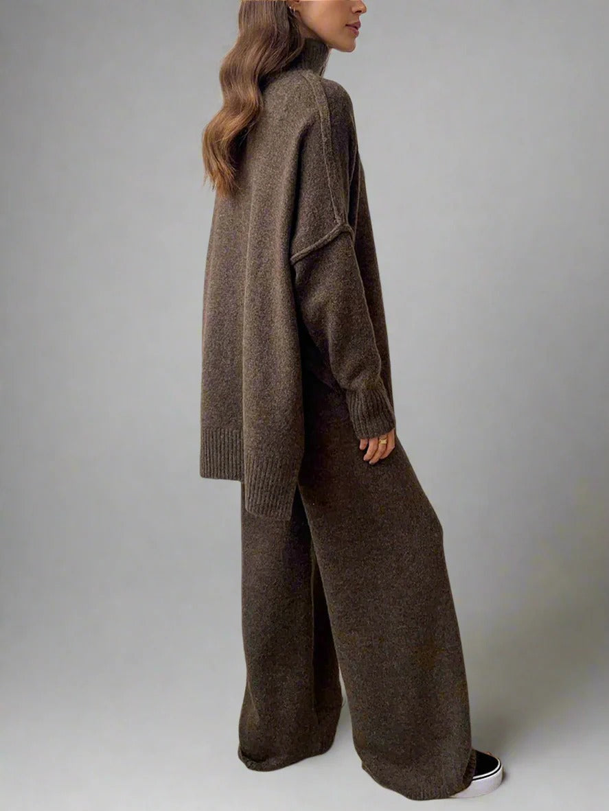 Women’s Lounge Set – Soft Knit – Oversized Turtleneck – Wide-Leg Trousers