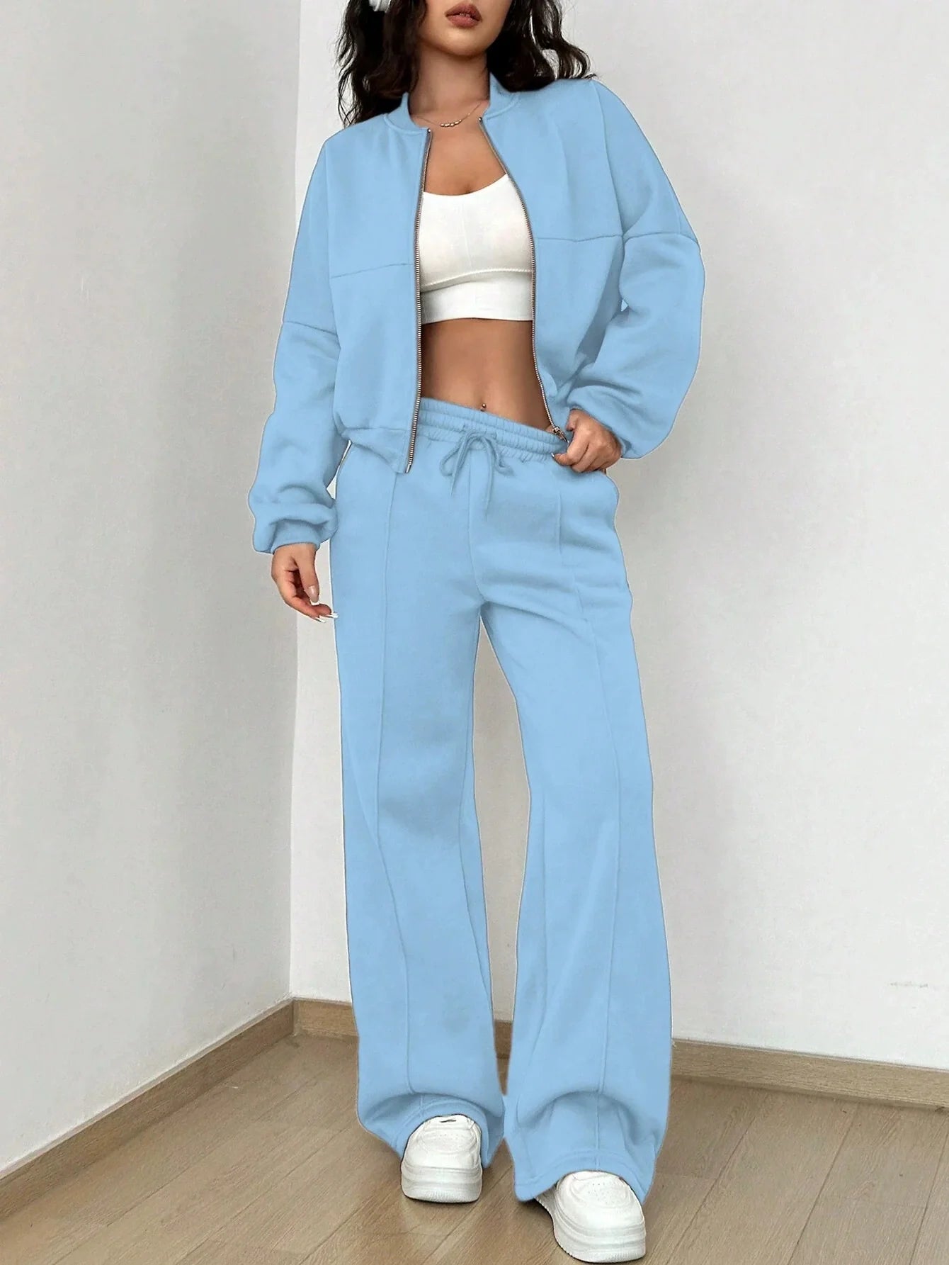 Women’s Loungewear Set – Relaxed Bomber Jacket – High-Waisted Wide-Leg Trousers