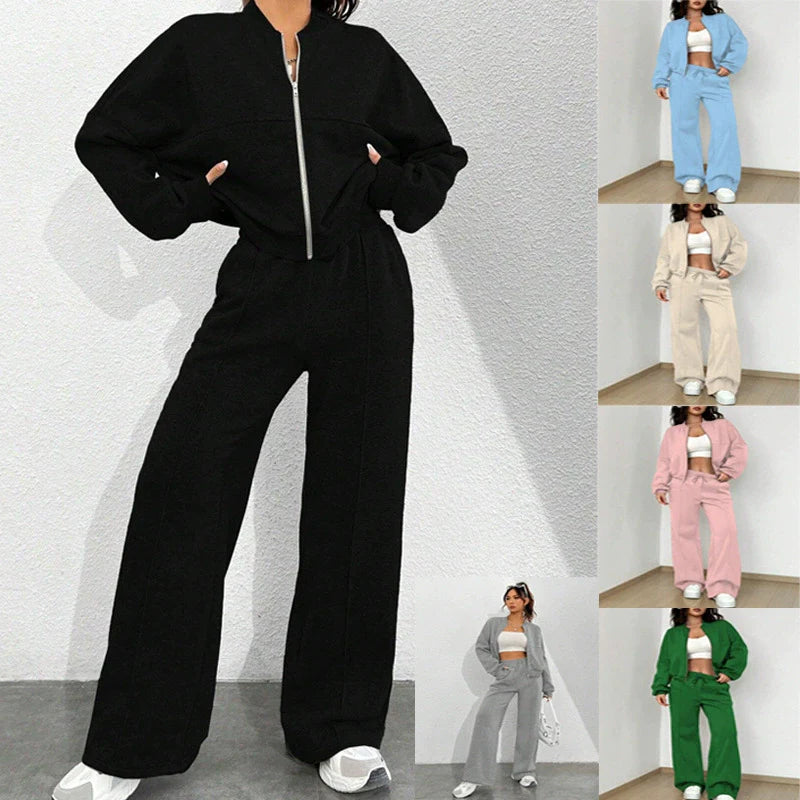 Women’s Loungewear Set – Relaxed Bomber Jacket – High-Waisted Wide-Leg Trousers