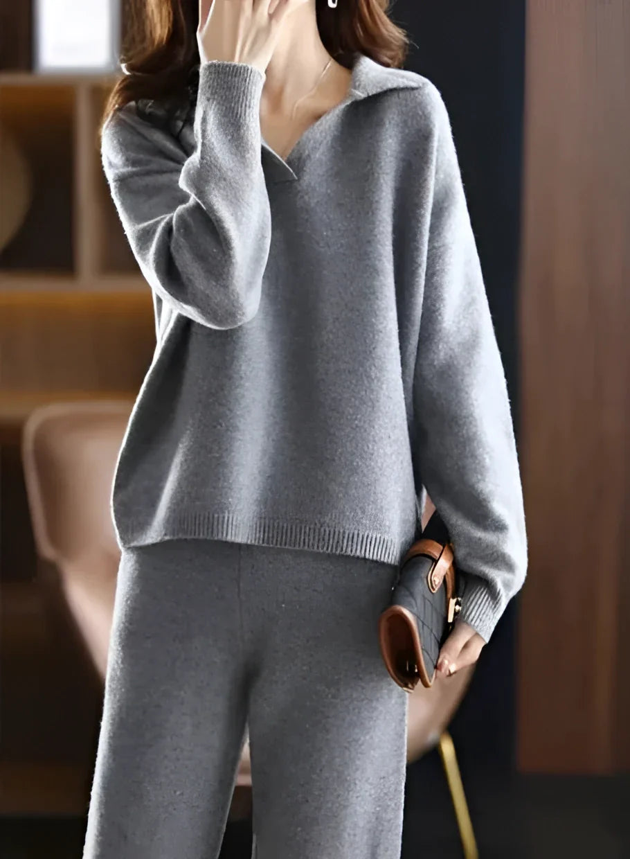 Women’s Loungewear Set – Soft Knit – Relaxed Fit V-Neck Sweater – Straight Leg Trousers