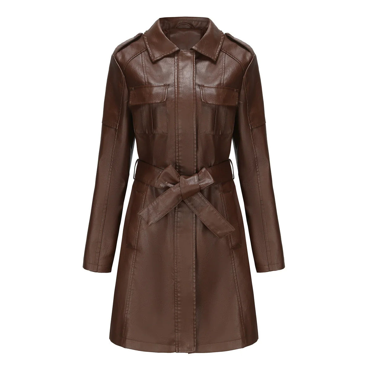 Women’s Medium-Length Coat – Structured Fit – Leather-Look – Zipper – Point Collar