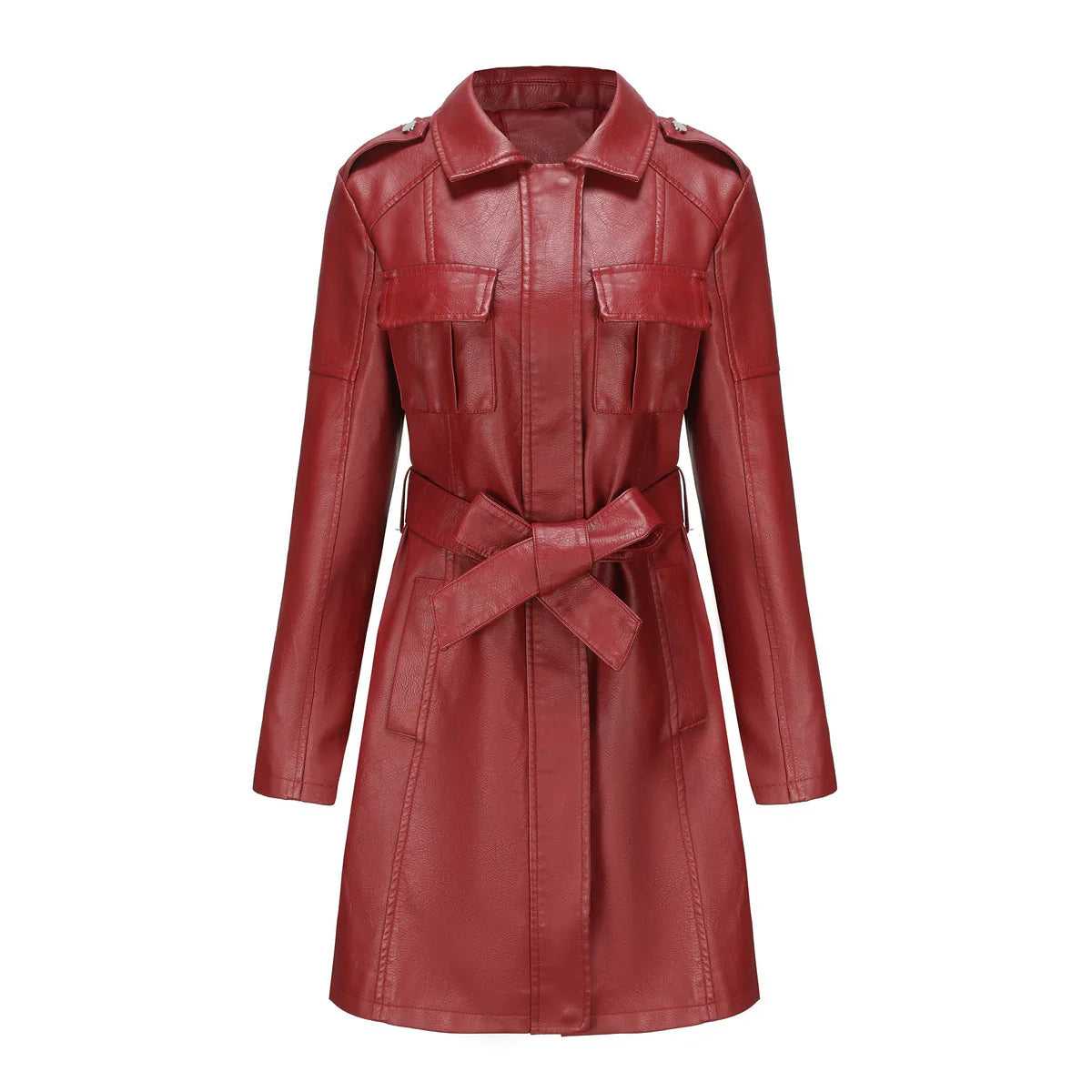 Women’s Medium-Length Coat – Structured Fit – Leather-Look – Zipper – Point Collar