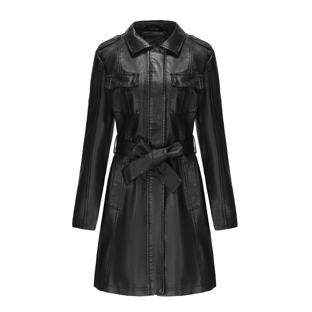 Women’s Mid-Length Coat – Structured Fit – Faux Leather Look – Pointed Collar – Epaulets