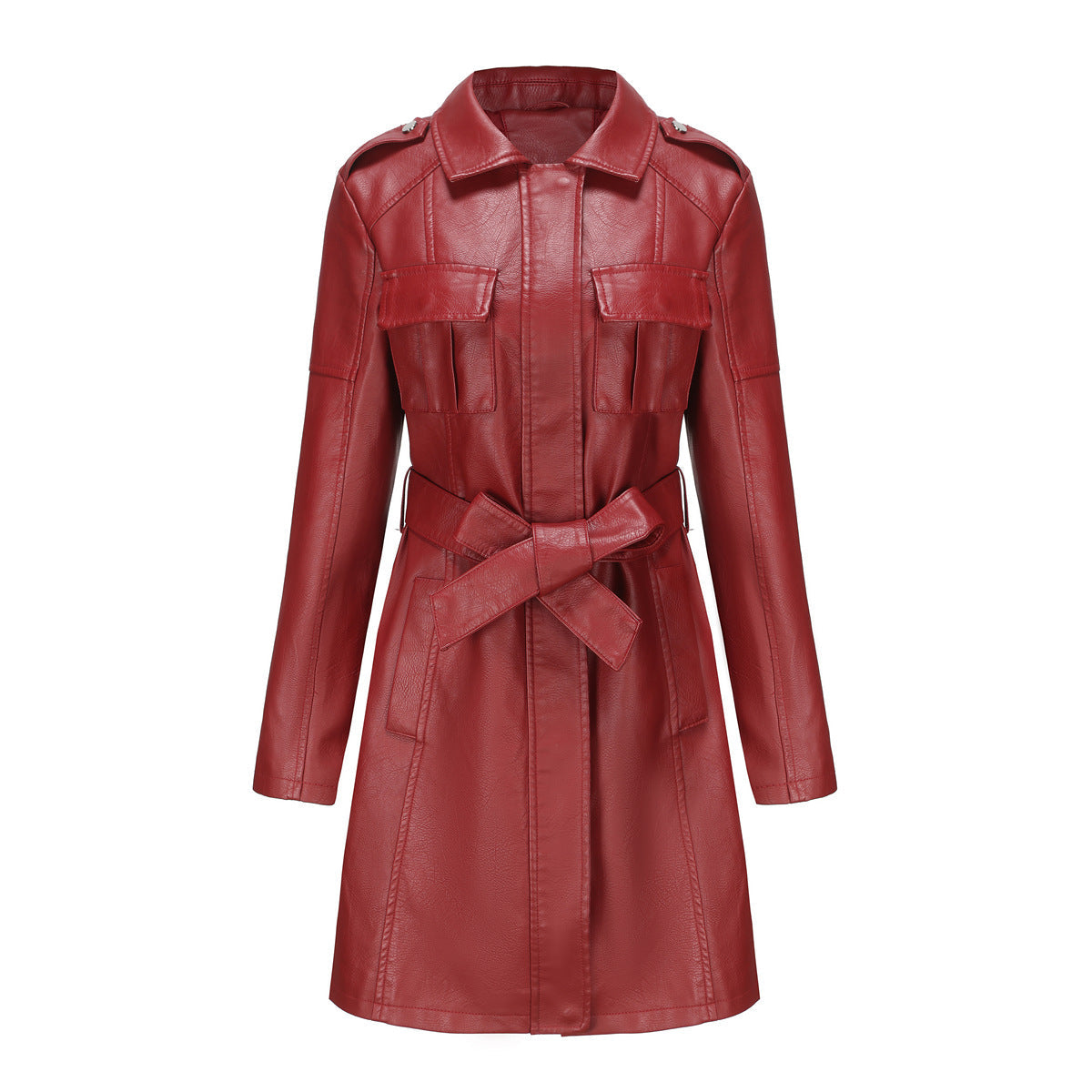 Women’s Mid-Length Coat – Structured Fit – Faux Leather Look – Pointed Collar – Epaulets
