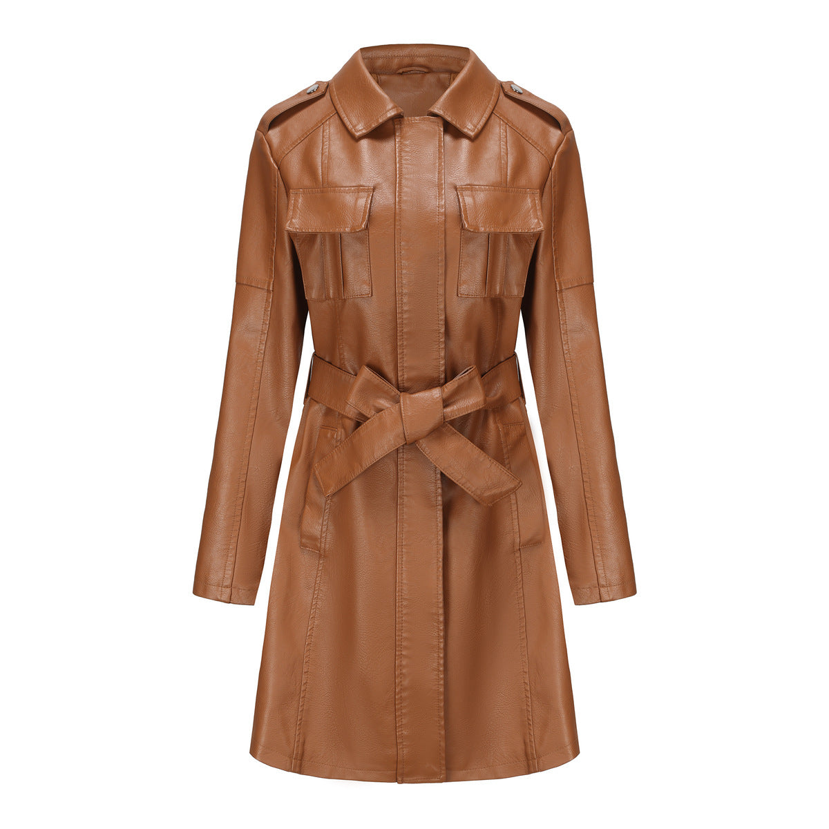 Women’s Mid-Length Coat – Structured Fit – Faux Leather Look – Pointed Collar – Epaulets