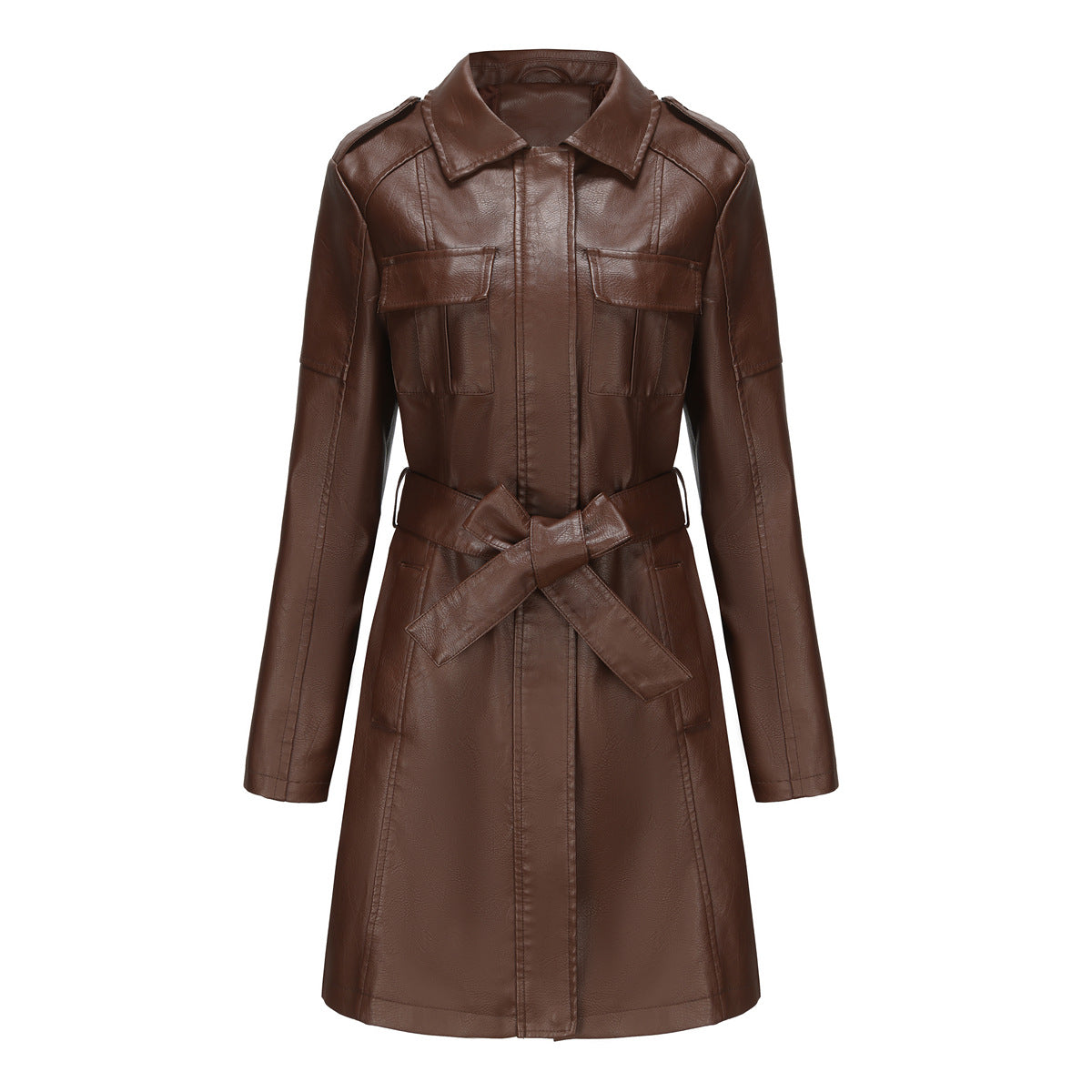 Women’s Mid-Length Coat – Structured Fit – Faux Leather Look – Pointed Collar – Epaulets