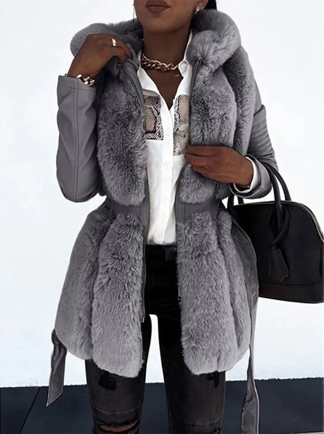 Women’s Mid-Length Coat – Tailored Fit – Imitation Fur Front – Belted Waist – Long Sleeve
