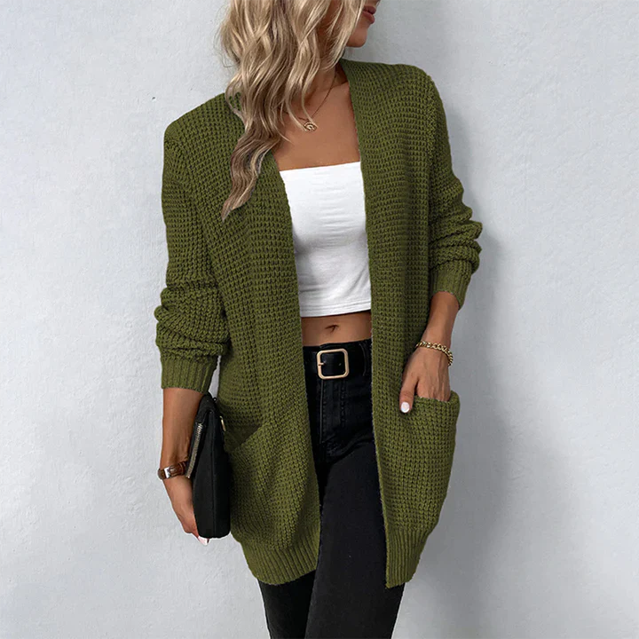 Women’s Open Cardigan – Textured Knit – Relaxed Fit – Long Sleeve – Thigh Length