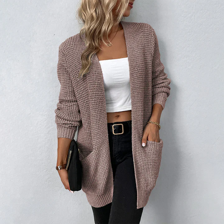 Women’s Open Cardigan – Textured Knit – Relaxed Fit – Long Sleeve – Thigh Length