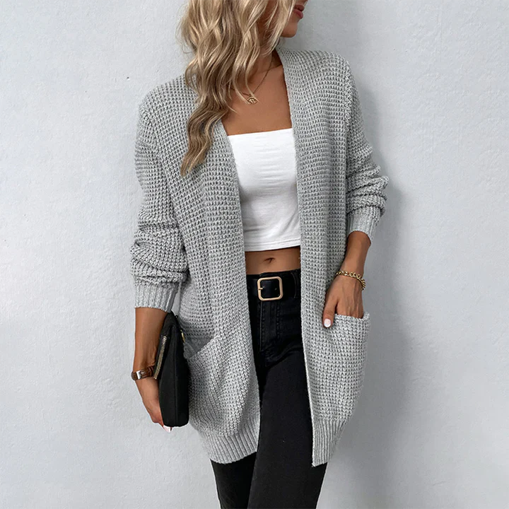 Women’s Open Cardigan – Textured Knit – Relaxed Fit – Long Sleeve – Thigh Length