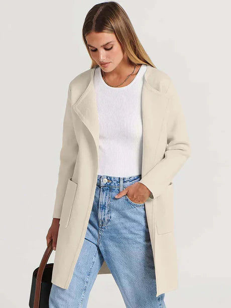 Women’s Open-Front Cardigan – Relaxed Fit – Wool Touch – Mid Length – Patch Pockets