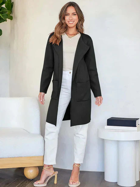 Women’s Open-Front Cardigan – Relaxed Fit – Wool Touch – Mid Length – Patch Pockets