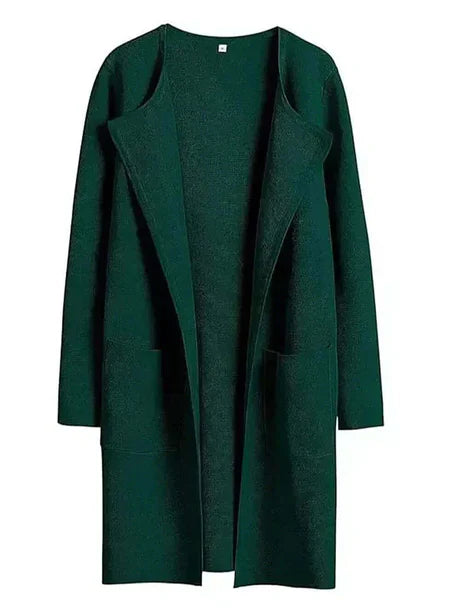Women’s Open-Front Cardigan – Relaxed Fit – Wool Touch – Mid Length – Patch Pockets