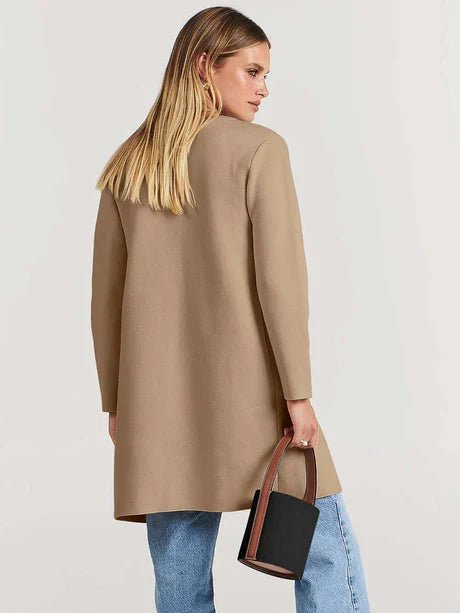 Women’s Open-Front Cardigan – Relaxed Fit – Wool Touch – Mid Length – Patch Pockets