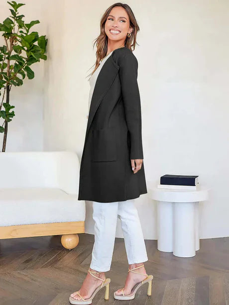 Women’s Open-Front Cardigan – Relaxed Fit – Wool Touch – Mid Length – Patch Pockets
