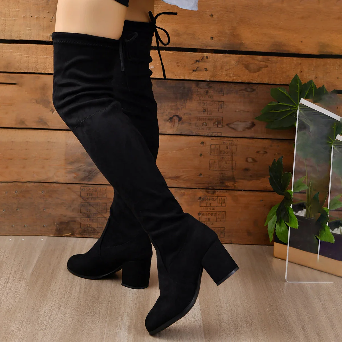 Women’s Over-the-Knee Boots – Stretch Fit – Faux Suede – Block Heel – Lace-Up Back