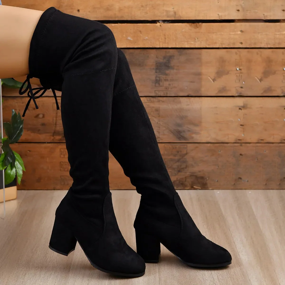 Women’s Over-the-Knee Boots – Stretch Fit – Faux Suede – Block Heel – Lace-Up Back