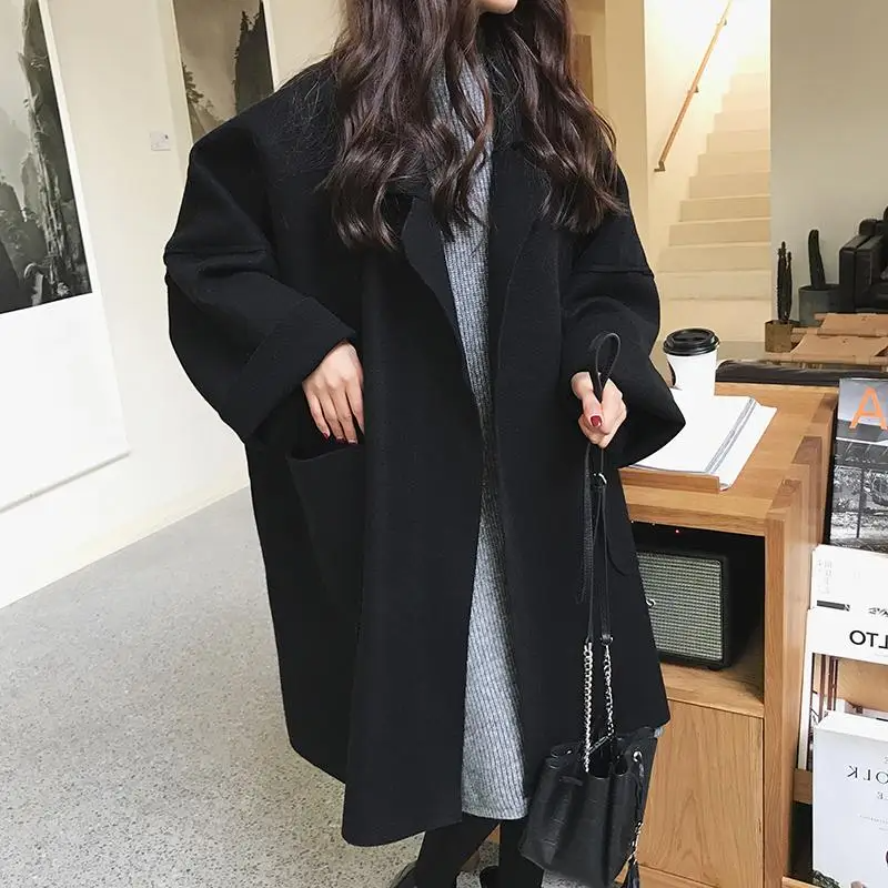 Women’s Oversized Coat – Wool Blend – Open Front – Relaxed Fit – Knee Length – Pockets