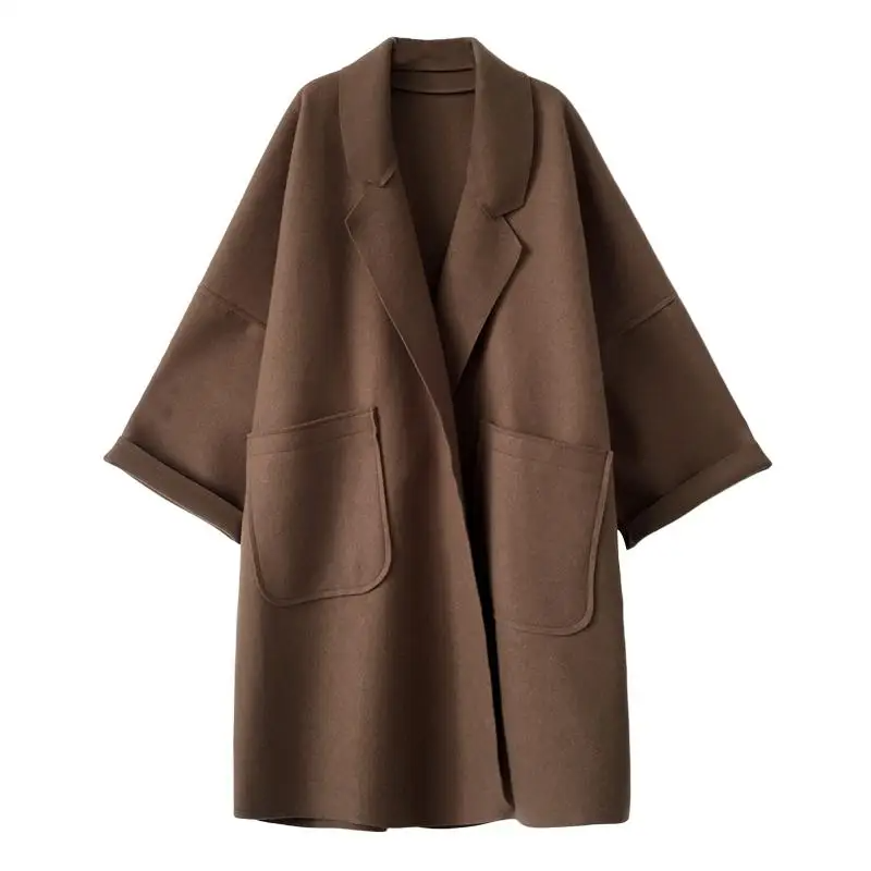 Women’s Oversized Coat – Wool Blend – Open Front – Relaxed Fit – Knee Length – Pockets