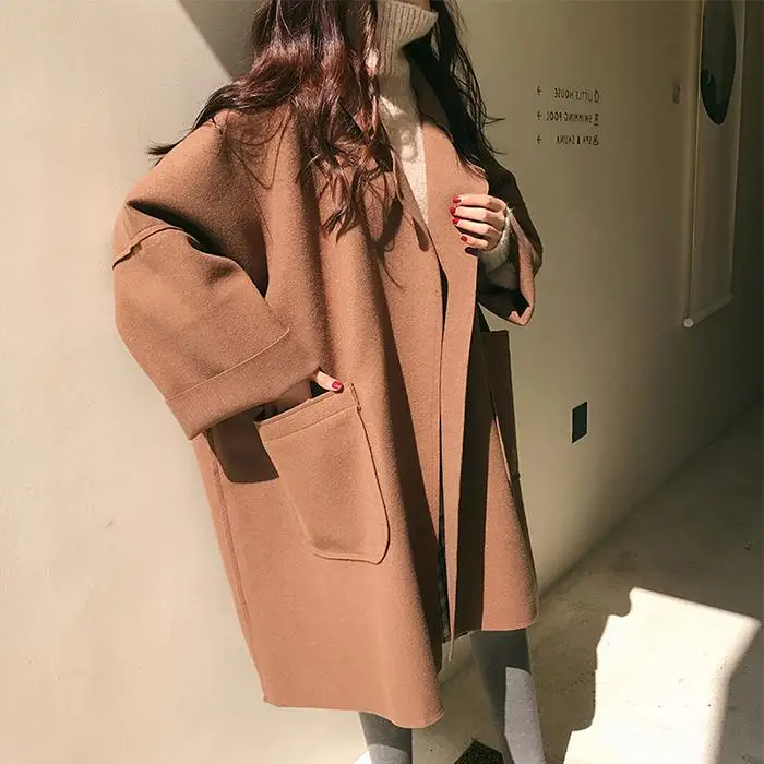 Women’s Oversized Coat – Wool Blend – Open Front – Relaxed Fit – Knee Length – Pockets