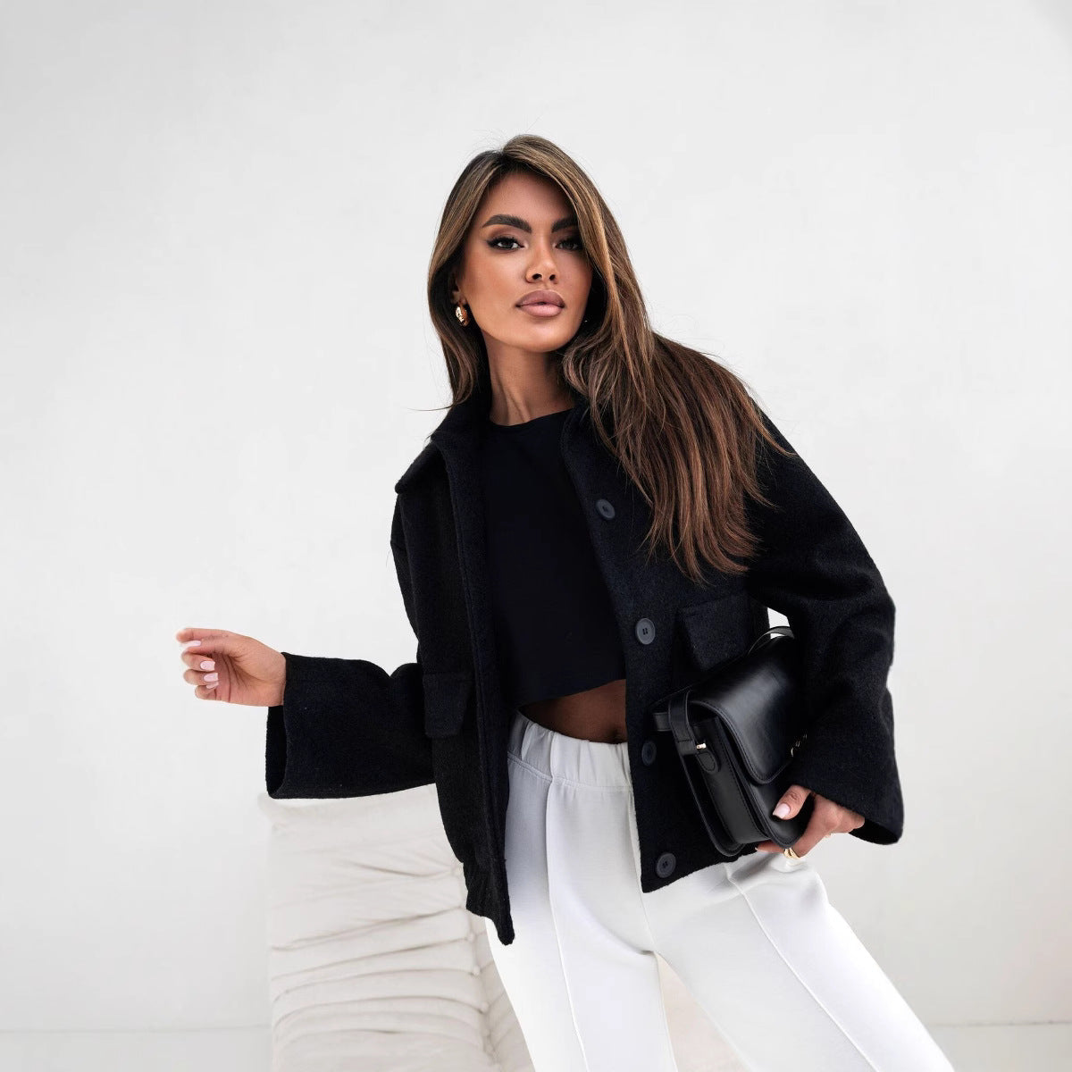 Women’s Oversized Coats – Wool Blend – Relaxed Fit – Cropped Length – Button Front