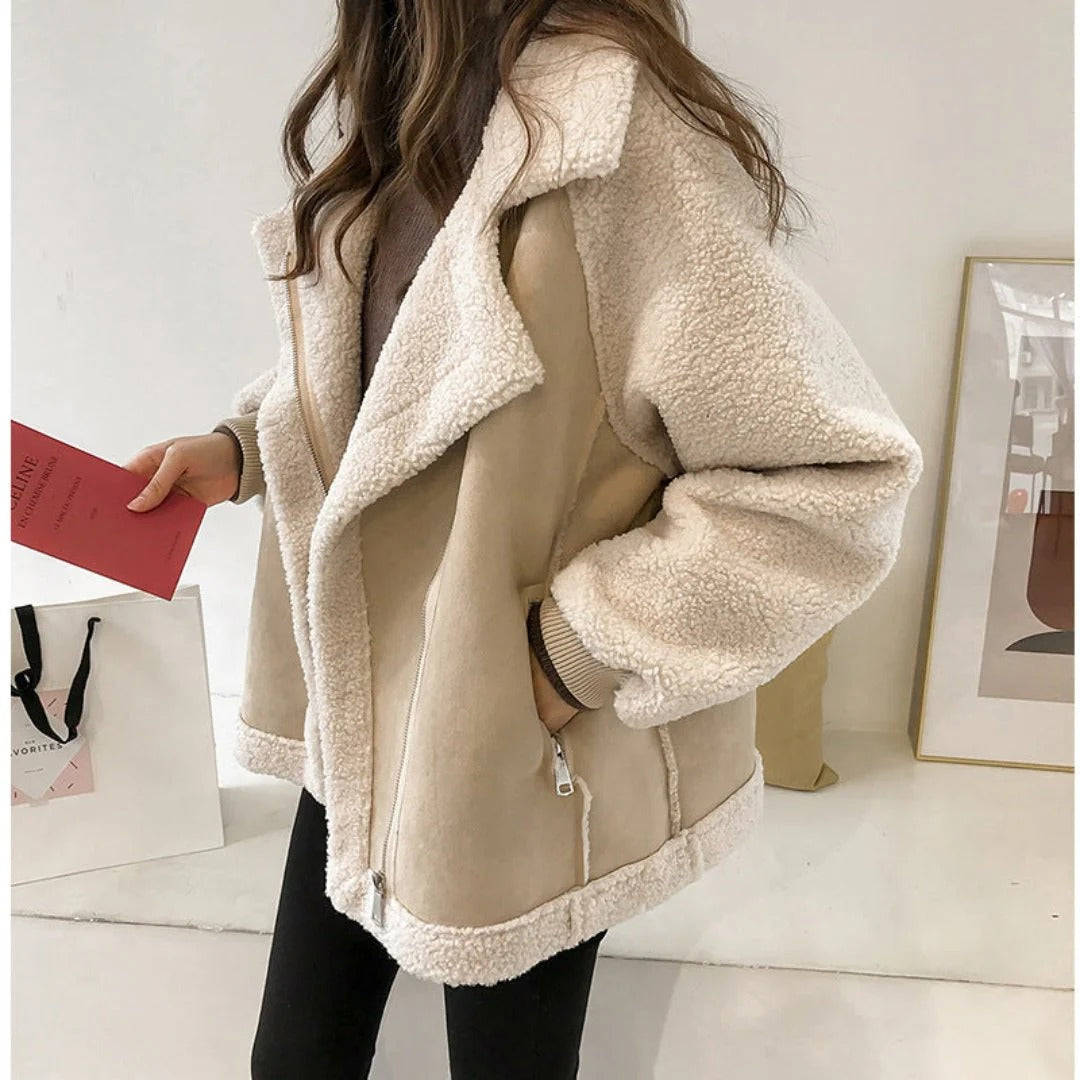 Women’s Oversized Jacket – Brushed Finish – Sherpa Lining – Zipper Closure – Hip Length