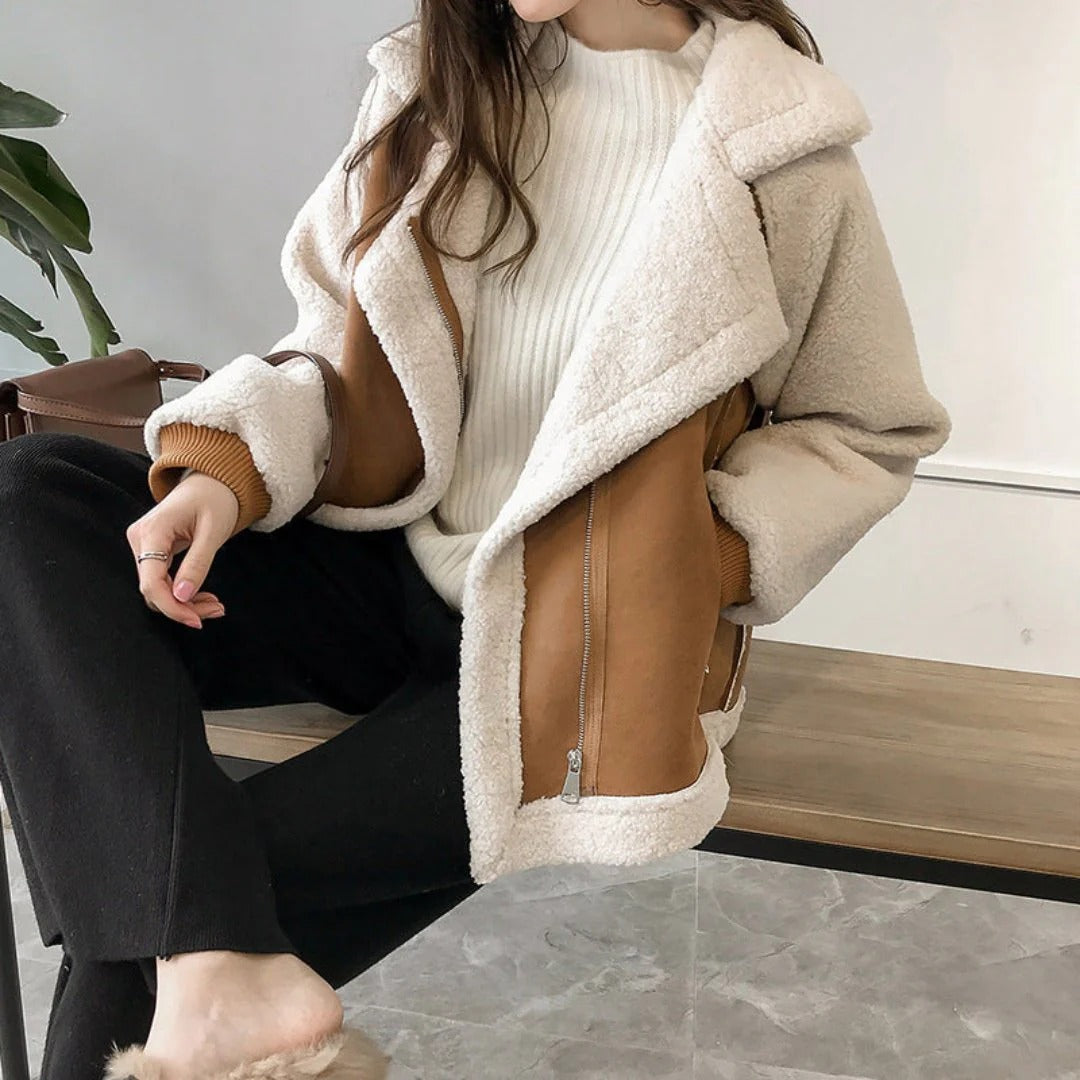 Women’s Oversized Jacket – Brushed Finish – Sherpa Lining – Zipper Closure – Hip Length