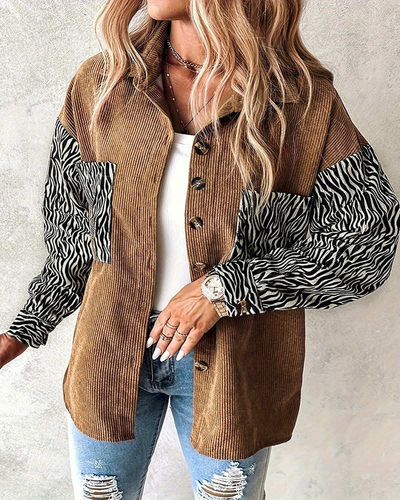 Women’s Oversized Jacket – Ribbed Texture – Button Front – Zebra Sleeve Detail