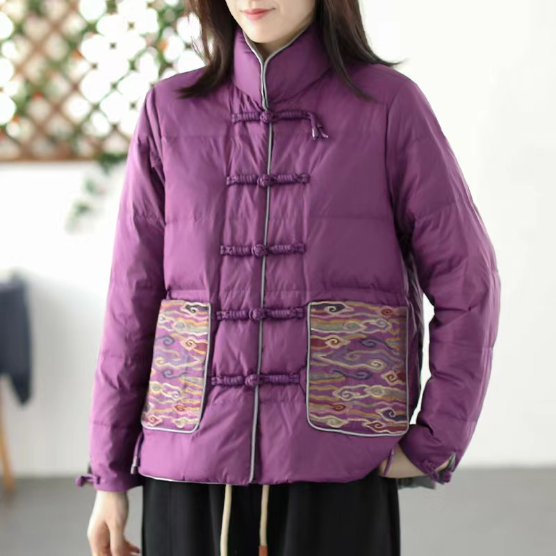 Women’s Padded Jacket – Loose Fit – Quilted Texture – Stand Collar – Embroidered Pockets