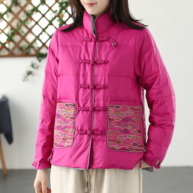Women’s Padded Jacket – Loose Fit – Quilted Texture – Stand Collar – Embroidered Pockets