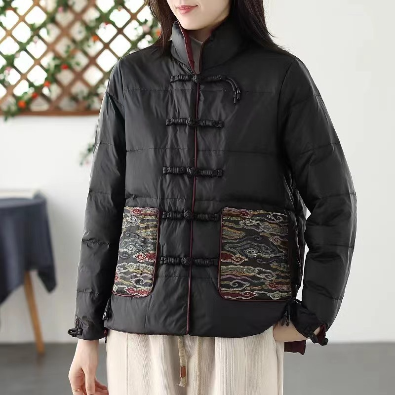 Women’s Padded Jacket – Loose Fit – Quilted Texture – Stand Collar – Embroidered Pockets
