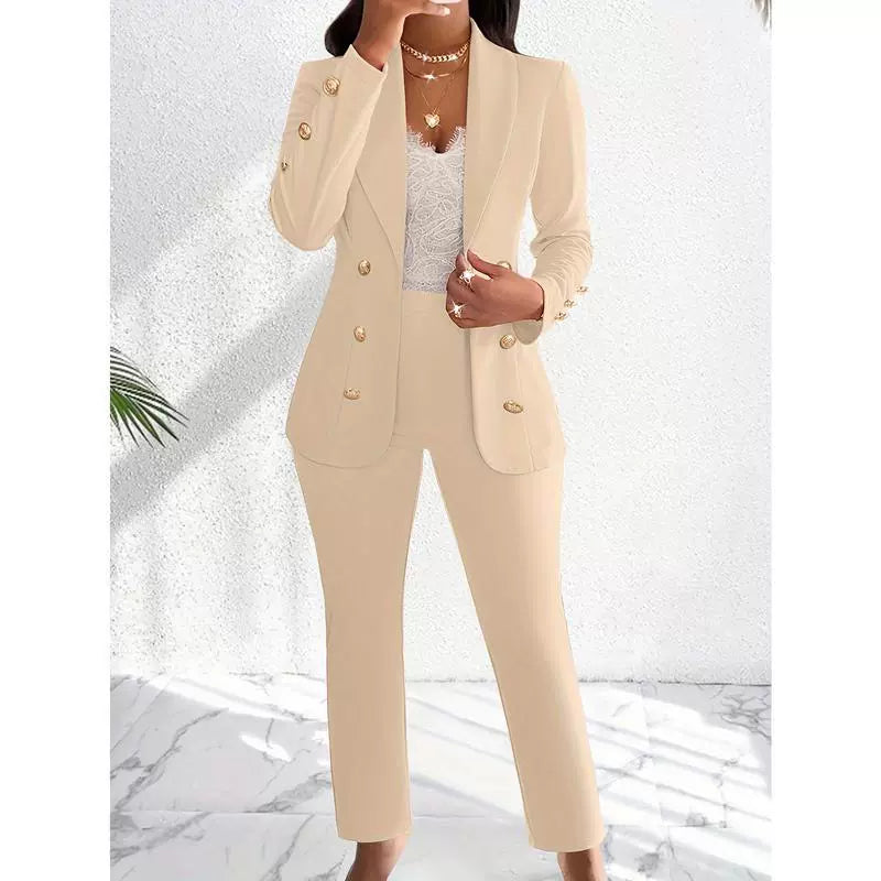 Women’s Pants Set – Slim Fit Tailored Blazer – Double-Breasted – Straight Leg Trousers