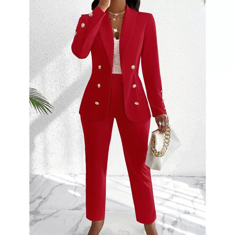Women’s Pants Set – Slim Fit Tailored Blazer – Double-Breasted – Straight Leg Trousers