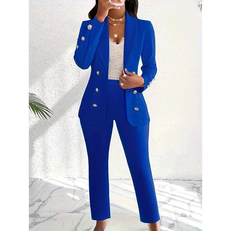 Women’s Pants Set – Slim Fit Tailored Blazer – Double-Breasted – Straight Leg Trousers