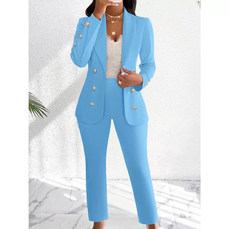 Women’s Pants Set – Slim Fit Tailored Blazer – Double-Breasted – Straight Leg Trousers