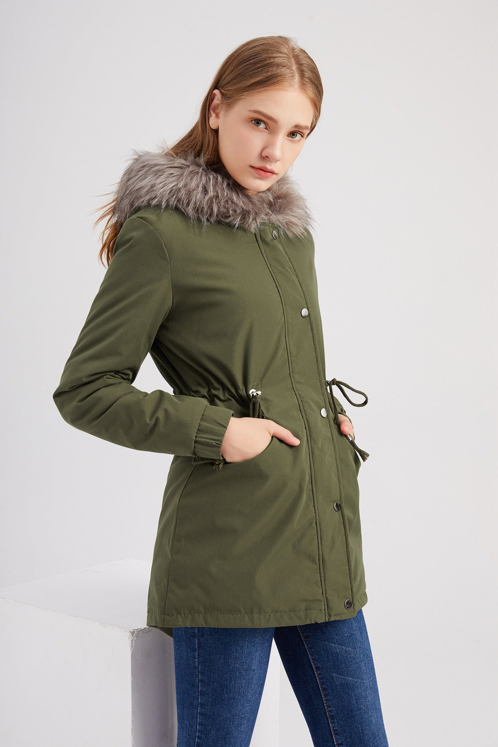 Women’s Parka Coat – Padded Insulated Mid-Length – Faux Fur Hood – Adjustable Waist